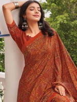 Rust Brown Crepe Silk Digital Print Saree